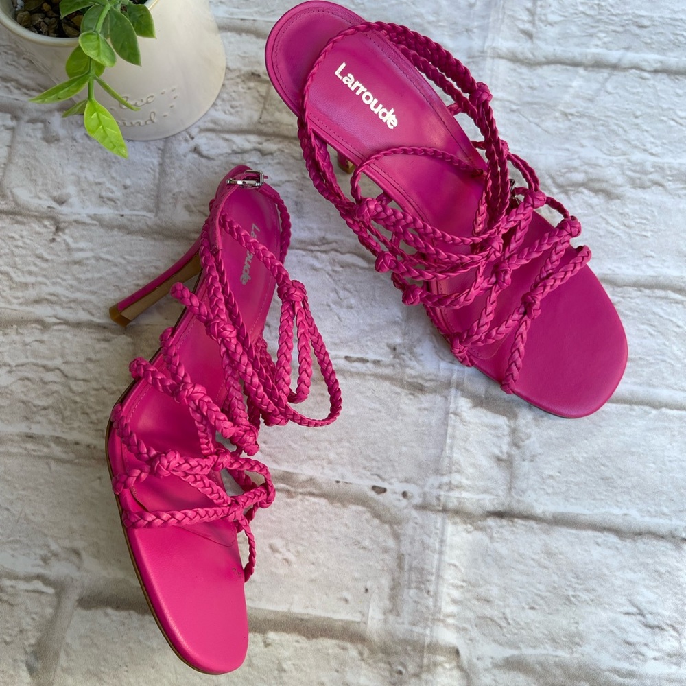 LARROUDÉ X WOMANIZER + Chiara Sandal in Fuchsia Leather braided Heeled Size 8
